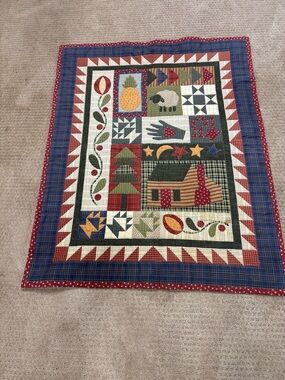 Hand Crafted Blue Red Green Folk Patchwork Wall Quilt